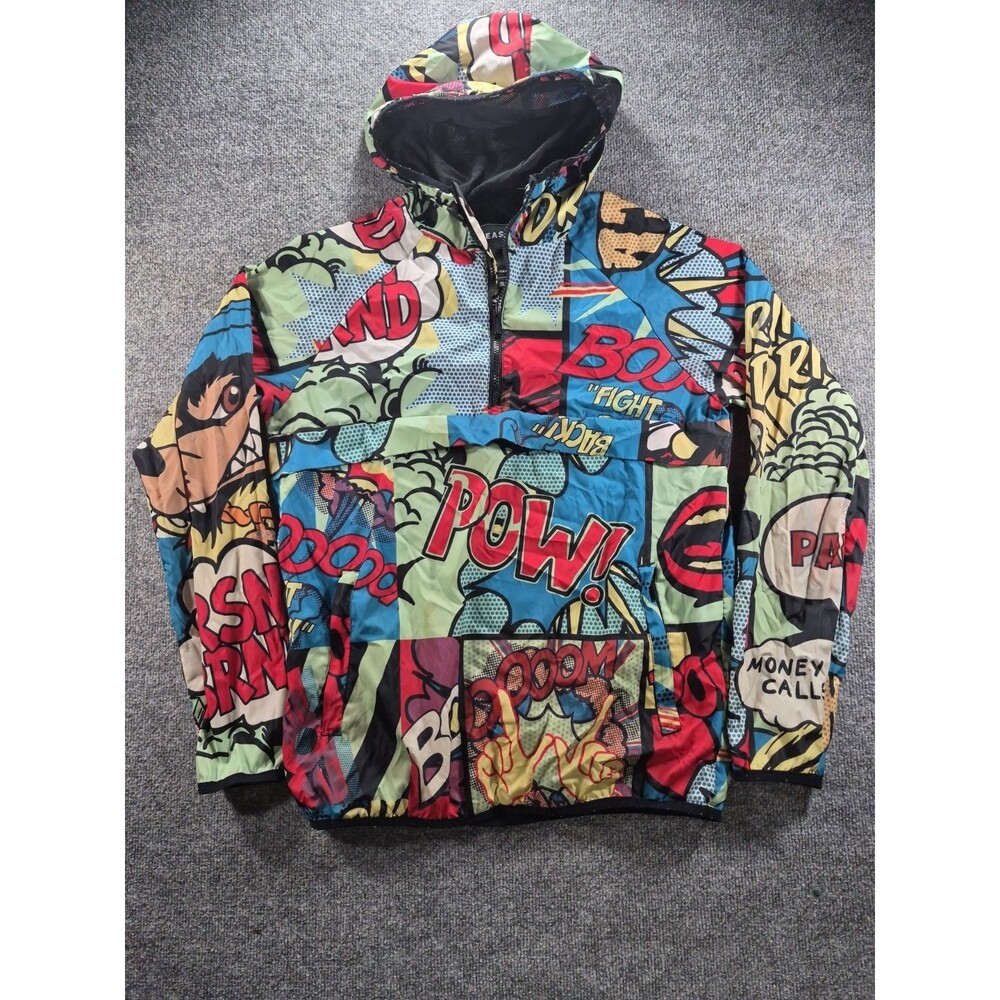 Reason Men's 1/4 zip pullover jacket hoodie wind breaker blue comics POW S EUC